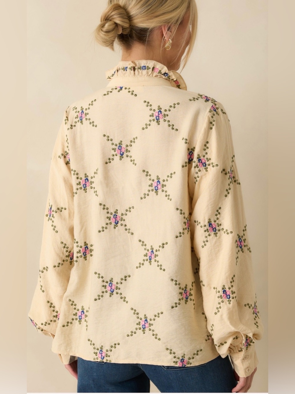 Women’s Entro Blouse Large Floral Embroidered Ruffle Top Boho Chic Southern New - Picture 2 of 7